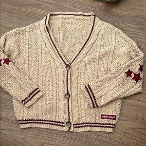 Taylor Swift Beige holiday Cardigan with Burgundy Stars M/L M L